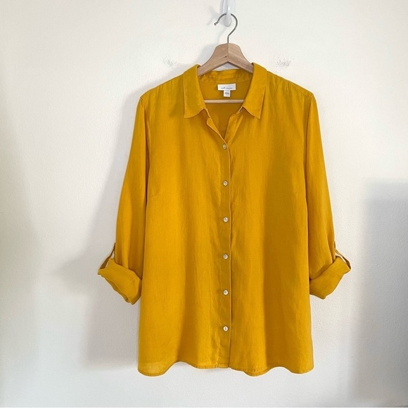 J. Jill Love Linen Roll Tab Sleeve A-Line Button Down Shirt Dandelion Large - Picture 2 of 15